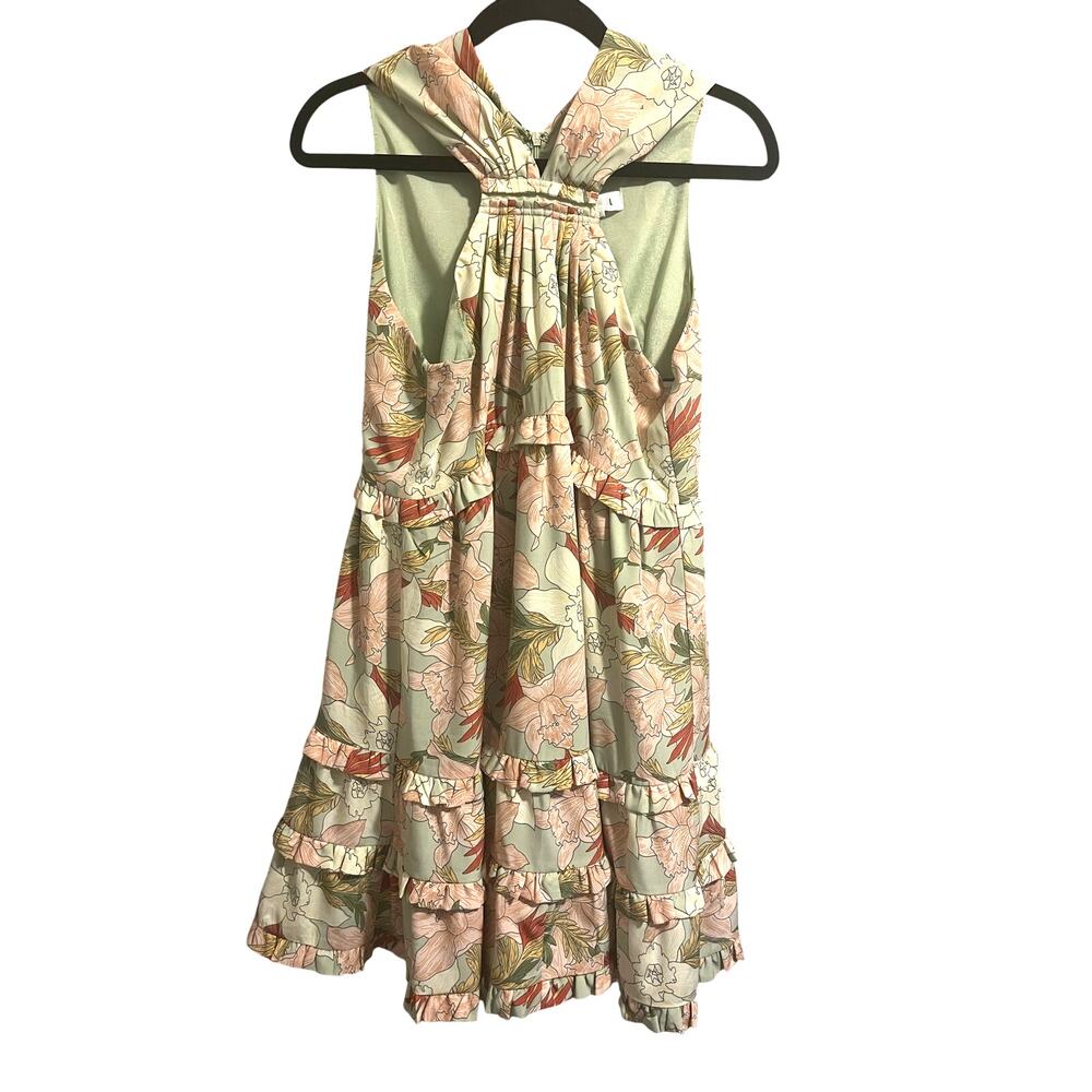 THML Halter Flower Print Midi Dress in Sage Green Lined Tiered Ruffles Women's M